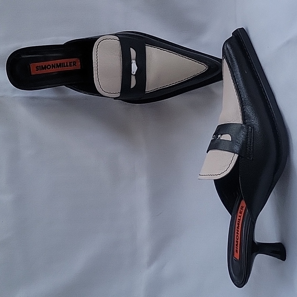 Simon Miller Black and Cream Pointed Penny Leather Mules - Picture 3 of 7